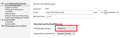 Screenshot der STARTTLS konfiguration im E-Mail-Client Thunderbird